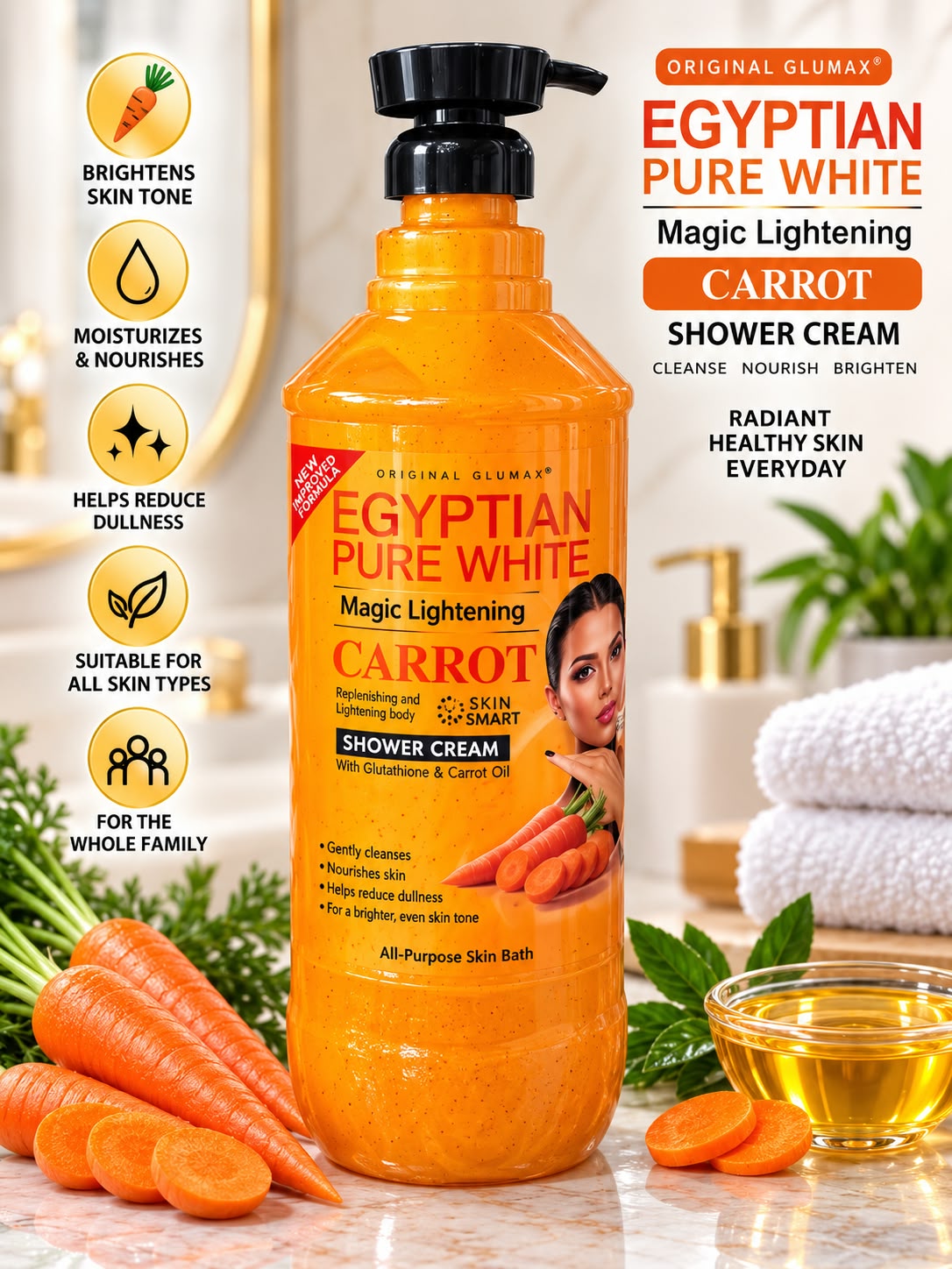 Original Glumax Carrot Replenishing Shower Cream with Glutathione & Carrot Oil