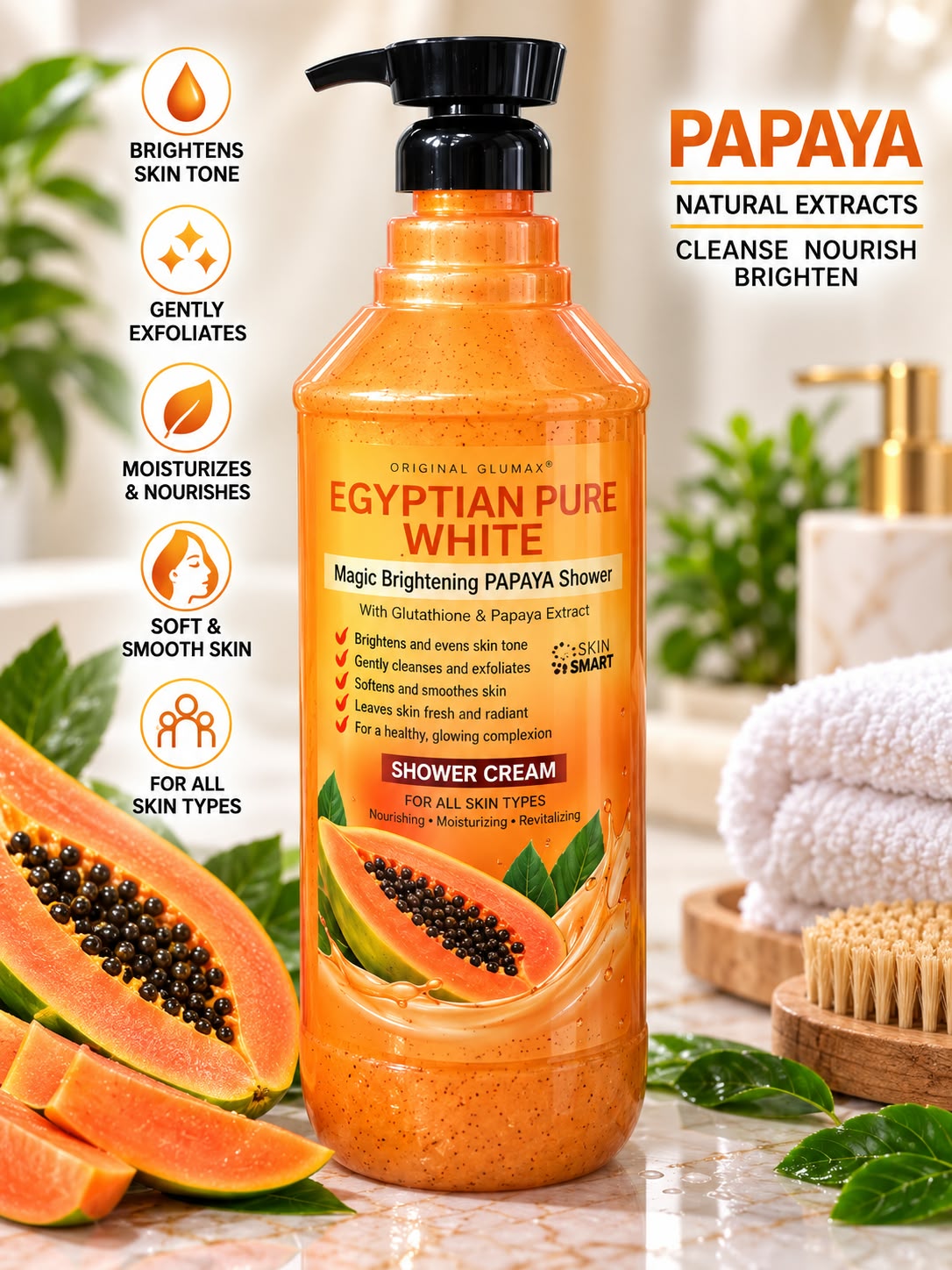 Original Glumax Egyptian Pure White Papaya Shower Cream with Papaya Extract & Glutathione – 2000ml