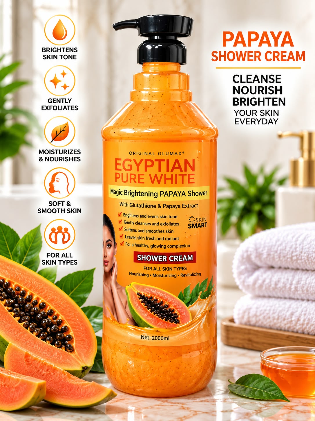 Original Glumax Egyptian Pure White Papaya Shower Cream with Papaya Extract & Glutathione – 2000ml