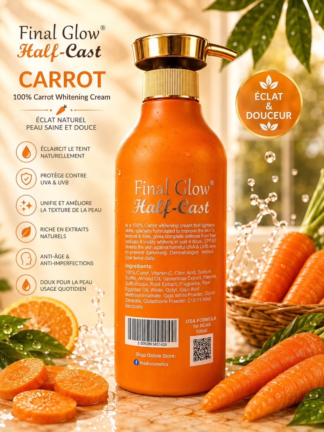 Half Cast Final Glow 100% Carrot Face & Body Cream Lotion 500ml