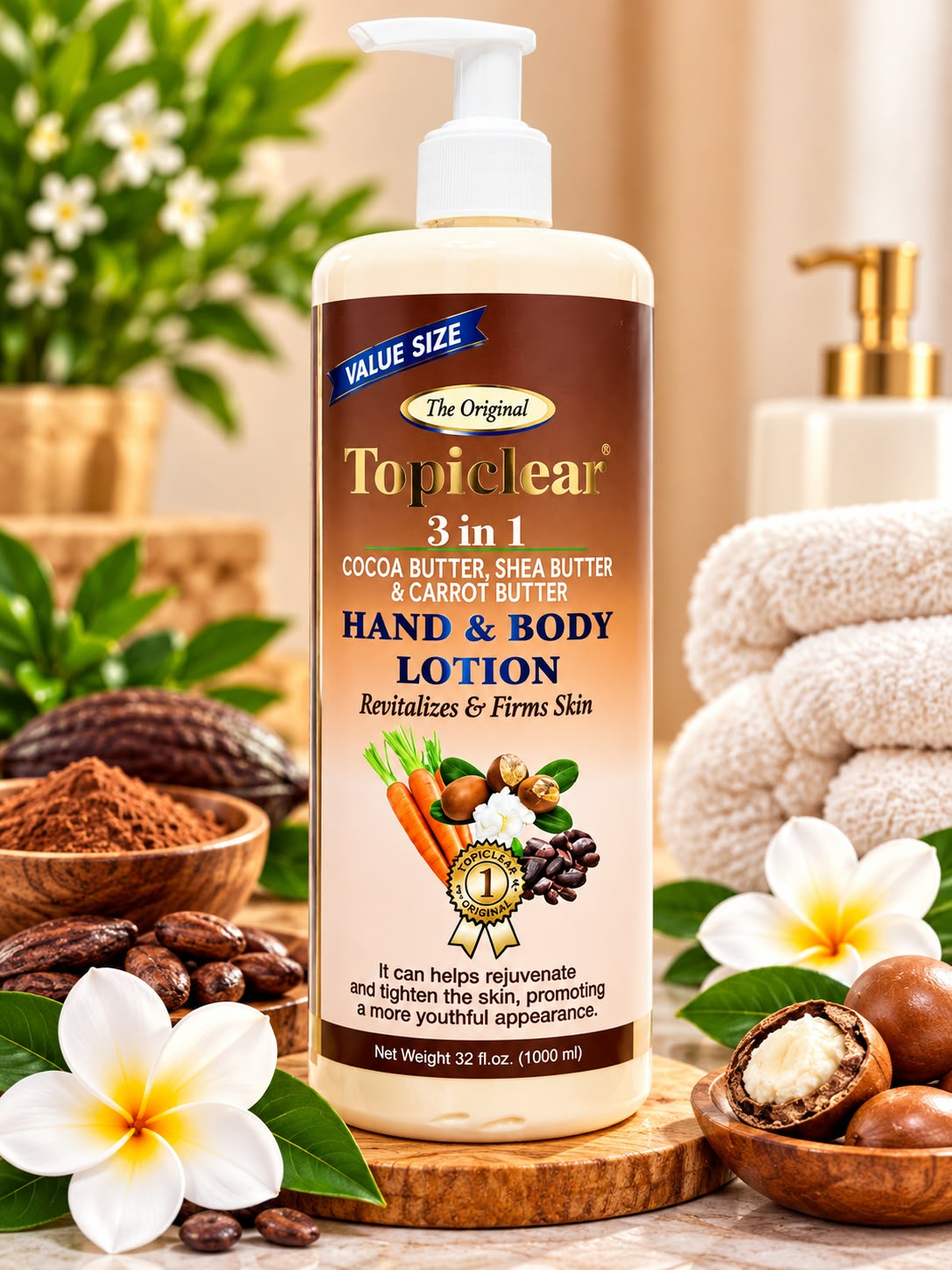 Topiclear 3-in-1 Cocoa Butter, Shea Butter & Carrot Butter Hand & Body Lotion 32 fl oz