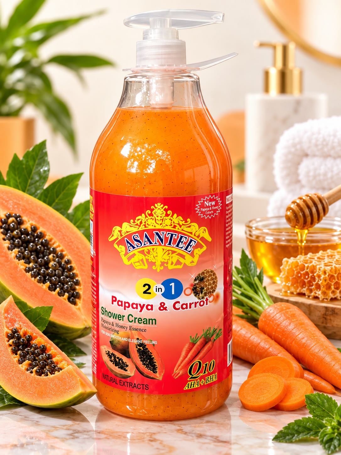 Asantee Papaya & Carrot Shower Cream with Papaya & Honey Essence – 2-in-1 Moisturizing Body Cleanser