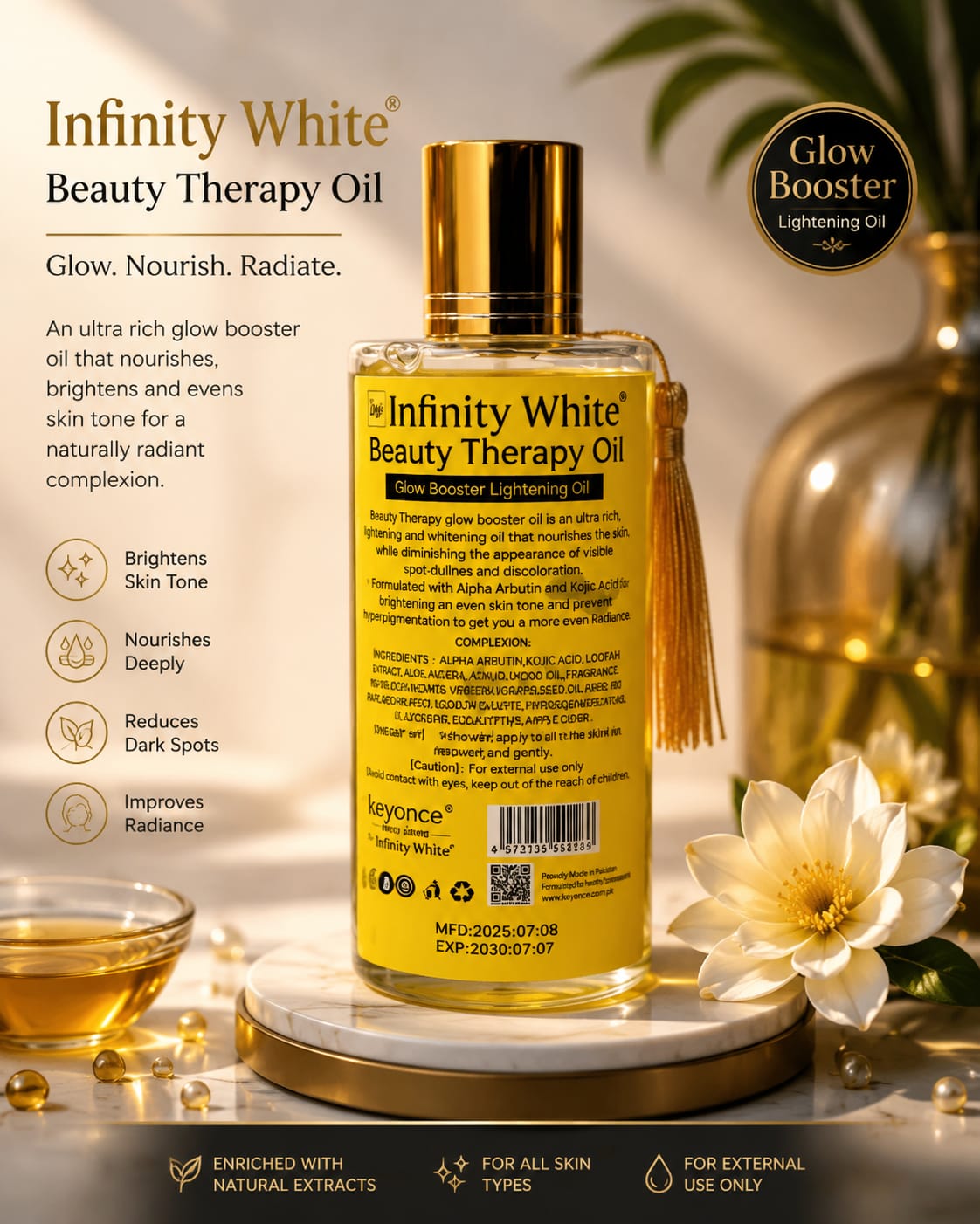 Infinity White Beauty Therapy Body Oil with Alpha Arbutin & Kojic, 300 ml